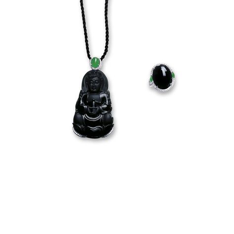 BLACK JADEITE, JADEITE AND DIAMOND 'GUAN YIN' PENDANT AND MATCHING RING The pendant set with a carved black jadeite Guan Yin, holding a flask, seated on a lotus throne, surmounted by an oval jadeite of translucent emerald green colour, framed by brilliant-cut diamonds, supported by a black cord, length approximately 470mm; and the ring centring on a faceted oval black jadeite cabochon, within a border of brilliant-cut diamonds and two marquise-shaped jadeite cabochons; mounted in 18 karat white Emerald Green Colour, Guan Yin, Matching Ring, Jade Jewelry, Matching Rings, Fantasy Jewelry, Green Colour, Luxury Accessories, Pendant Set