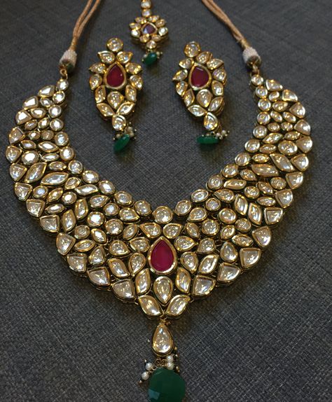 Kundan Gold Plated Set with Ruby Style Stones in Invisible Setting by Anayah… Real Kundan Jewellery Gold, Kundan Sets Indian Jewelry Gold, Kundan Jewellery Set Simple, Kundan Set Design, Kundan Gold Jewellery, Gold Kundan Jewellery, Jaipuri Jewellery, Jewellery Set Design, Indian Bridal Jewelry Kundan