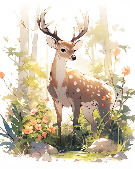 Beutiful Deer With Nature Environment Clipart White White Deer Art, Deer Anime, Deer Oc, Deer Aesthetic, Deer In Forest, Deer Ears, Cartoon Deer, Deer Cartoon, Deer Drawing