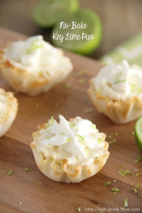 Family Get Together Desserts, No Bake Tartlets, Mini Key Lime Tarts, Key Lime Mini Desserts, Mini Key Lime Pies No Bake, Mini Key Lime Pie Bites, Summer Finger Desserts, Key Lime Tarts Mini, Mini Phyllo Cup Desserts