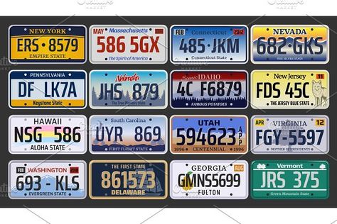 Car license plates, USA by Vector Tradition SM on @creativemarket Number Plate Design, License Plate Wall, Car License Plates, Car Number Plates, Licence Plate, Plate Wall Art, Man Cave Wall Decor, State Symbols, Number Plates