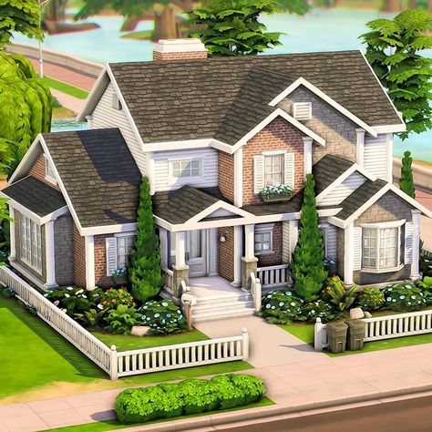 @honeymaysims • Instagram photos and videos Family Home Exterior Sims 4, Sims Suburban Home, Sims 4 Suburban Family Home, Sims Family Home, Sims 4 Home Layout, Sims 4 House Plans Layout, Sims 4 Suburban House, Cute Sims 4 Houses, Sims 4 Layout