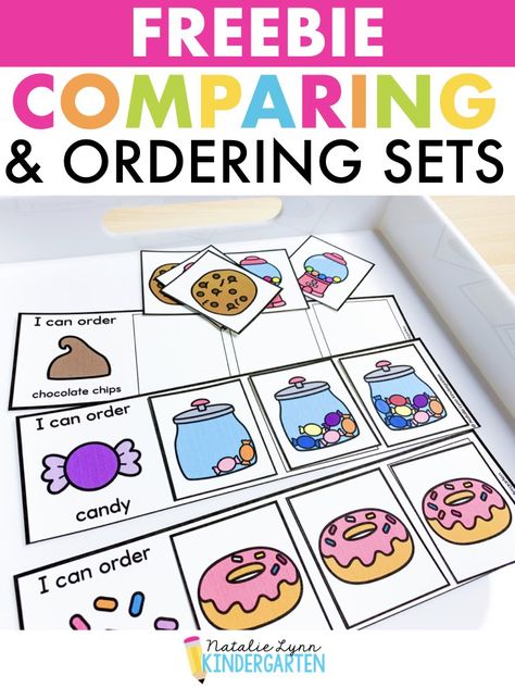 Make comparing numbers and ordering sets fun and engaging with these free kindergarten math centers and activities! Comparing Quantities Preschool, Kindergarten Math Books And Activities, Making Sets Kindergarten Math, Comparing Activities For Kindergarten, Comparing Numbers Preschool, Comparing Numbers To 10 Kindergarten, Ordering Sets From Least To Greatest Kindergarten, Ordering Numbers Kindergarten, Before And After Activities Kindergarten