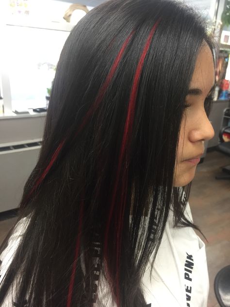 Black Hair W Red Underneath, One Strand Of Color In Hair Behind Ear, One Hair Strand Dyed, One Strand Dyed Hair, Underdye Hair Black, Dyed Strands Of Hair, One Strand Of Hair Dyed, Red Strands In Hair, Single Streak Of Color In Hair