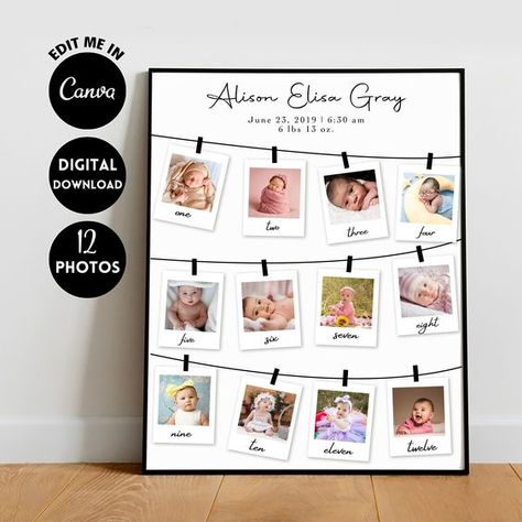 EDITABLE Custom Baby 1st birthday Photo Collage Template, 1st year Milestone, 12 months photo, Nursery Room Decor Baby 12 Month Frame Template, 1st Birthday Photo Collage, Baby Photo Collages, Baby Collage, Insta Templates, 12 Month Photos, 1st Birthday Photo, Baby Photo Frames, Birthday Photo Collage