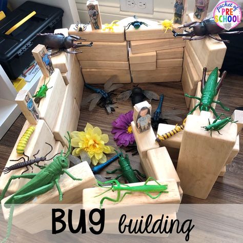 Bug blocks building! Bug themed activities and centers for preschool, and kindergarten (freebies too)! Perfect for spring, summer, or fall! #bugtheme #insecttheme #preschool #prek #kindergarten Insect Block Center Preschool, Bug Provocation, Mini Beasts Activities, Bugs Kindergarten, Preschool Insects Activities, Block Center Preschool, Insect Study, Centers For Preschool, Pocket Of Preschool