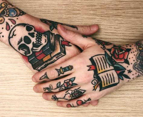 Check Out Our Favorite Tattoos Inspired by Books Book And Skull Tattoo, Book Skull Tattoo, Neo Traditional Book Tattoo, American Traditional Book Tattoo, Book Traditional Tattoo, Tattoos Based On Books, Traditional Tattoo Book, Traditional Book Tattoo, Bookish Illustration