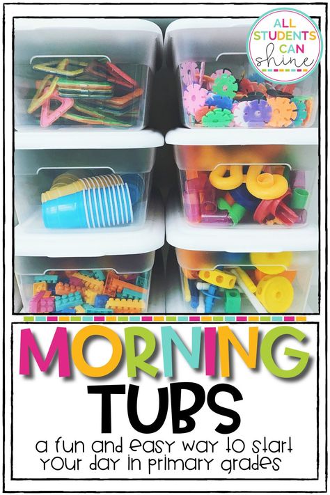 1st grade morning tubs can be a fun and easy way to start the day in your primary classroom. Students can tinker with magnetic tiles, building blocks and other tools as part of their morning work. 1st Grade Classroom Activities, Busy Bin Ideas Kindergarten, Morning Busy Bins, Preschool Morning Tubes, Morning Centers 1st Grade, Centers For Elementary Classroom, Morning Centers 2nd Grade, Morning Bin Activities, 1st Grade Stem Bins