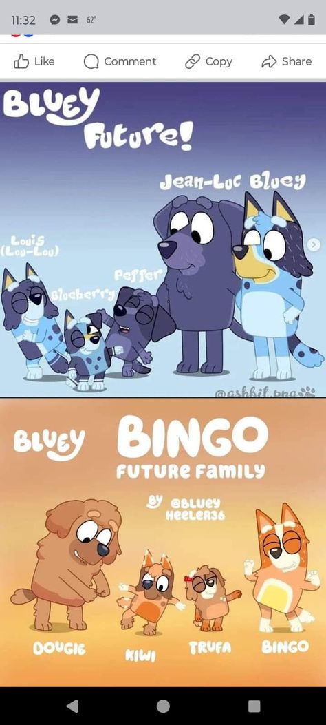 Blueys Future Child, Bingo Future Family, Future Bluey Family, Bluey And Mackenzie Future Family, Bluey In The Future, How To Draw Muffin Bluey, Bluey And John Luc, Bluey Funny Wallpaper, Bluey Characters Future Family