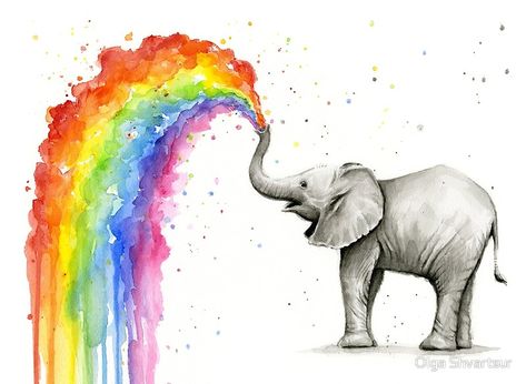 Baby Elephant Spraying Rainbow Tattoo Fe, Nursery Elephant, Elephant Nursery Art, Baby Animal Art, Plan Image, Fun Nursery, Baby Elefant, Rainbow Canvas, Rainbow Watercolor