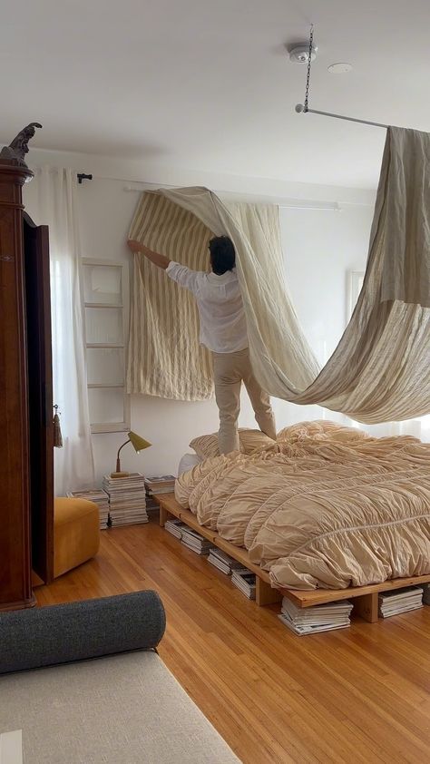 Marco Zamora | Part 2 of my best renter friendly tips and tricks #interiordesign | Instagram Diy Bed Canopy Curtains, Drape Over Bed, Bed Canape, Diy Canopy Bed For Adults, Canopy Floor Bed, Bedroom Canopy Ideas, Curtain Over Bed, Bed Canopy Diy, Bed Canopy Ideas