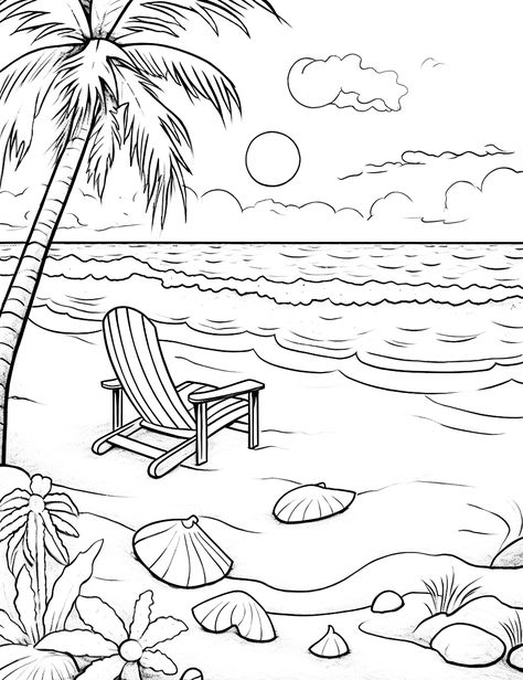 Coastal Coloring Pages, Beach Seen Drawing, Tropical Colouring Pages, Pictures To Color In, Pictures For Coloring Free Printable, Free Beach Coloring Pages, Picture For Coloring For Kids, Palm Tree Coloring Page, Drawing To Color In