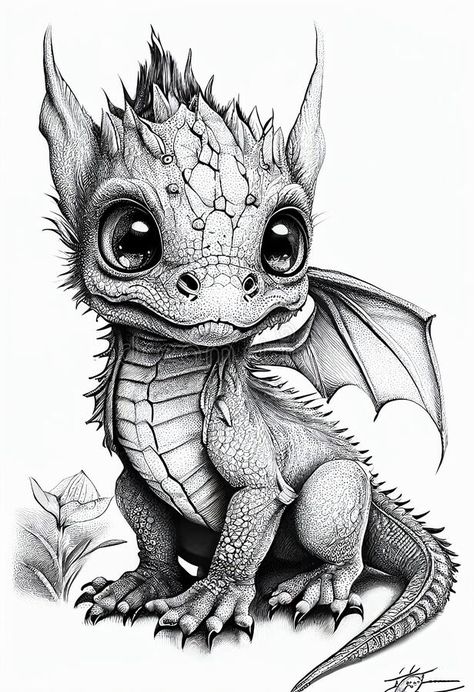 Little dragon drawn with a simple pencil on paper. AI Generated stock images Ayam Thailand, Easy Dragon Drawings, Cute Monsters Drawings, Dragon Tattoo Art, Dragon Artwork Fantasy, Dragon Sketch, White Drawing, Dragon Pictures, Dragon Artwork