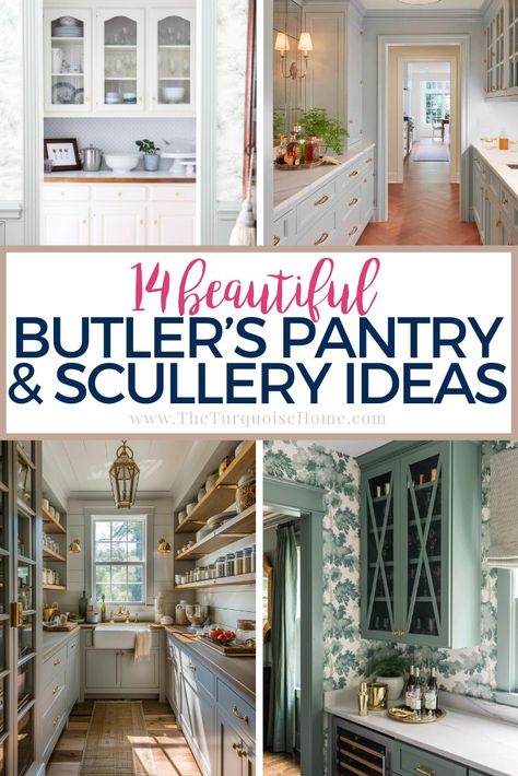 Find my own butler's pantry makeover and 10 other inspirational scullery and butler's pantry ideas in this post! Butlers Pantry Ideas Layout, Scullery Ideas, Pantry Wallpaper, Butlers Pantry Ideas, Kitchen With Butlers Pantry, Kitchen Butlers Pantry, Pantry Layout, Beautiful Pantry, Pantry Laundry Room