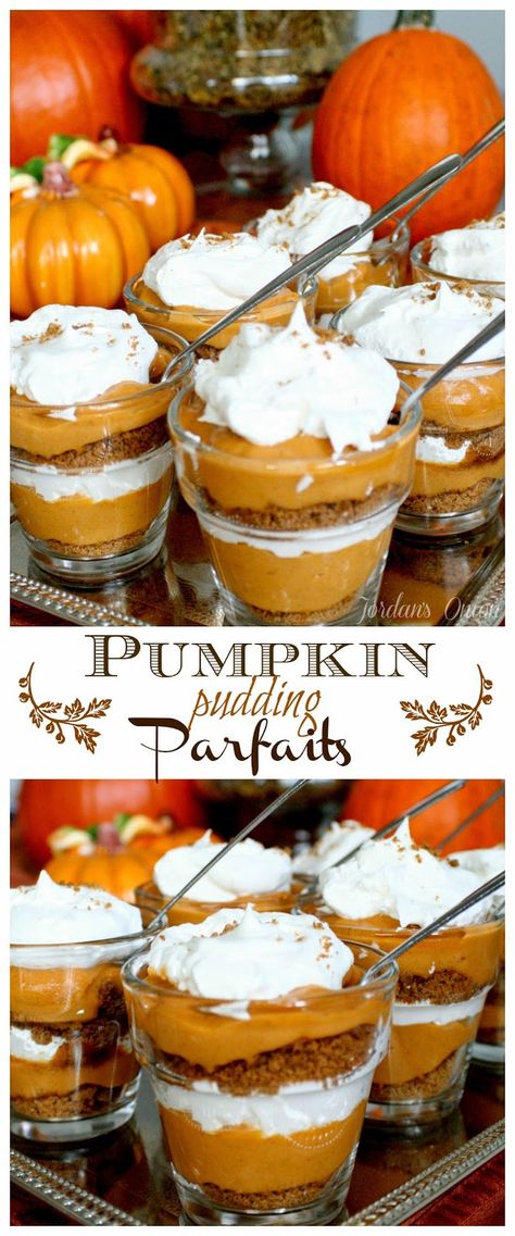 Pumpkin Pudding Parfaits recipe – a quick and easy dessert from Jordan's Easy Entertaining Thanksgiving Pudding, Pudding Parfait Recipes, Pumpkin Parfait, Parfait Cups, Pudding Parfait, Parfait Desserts, Pumpkin Pudding, Parfait Recipes, Pudding Desserts