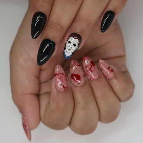 Halloween Michael Myers Nails, Micheal Myers’s Nails, Michael Myers Nails Halloween, Michael Myers’s Nails, Horror Movie Nails Short, Halloween Nails Michael Myers, Micheal Myers Nail Designs, Michael Myers Nail Art, Michael Myers Nails Acrylic