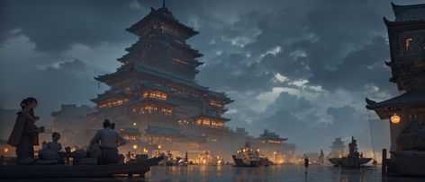 Steampunk Asian City, Chinese City Art, Tang Dynasty Architecture, Minecraft Castle Designs, The Twelve Kingdoms, City Artwork, Japan Image, Night Scenery, Tang Dynasty