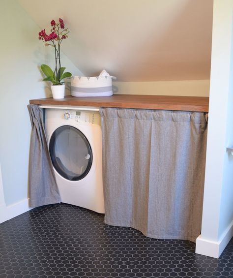 Hidden laundry in bathroom. Washer and dryer under counter with curtains. Hidden Laundry In Bathroom, Bathroom Washer And Dryer, Hide Washer And Dryer, Hidden Laundry Rooms, Washer And Dryer Covers, Laundry Nook, Laundry Room Storage Shelves, Hidden Laundry, Small Laundry Room Organization