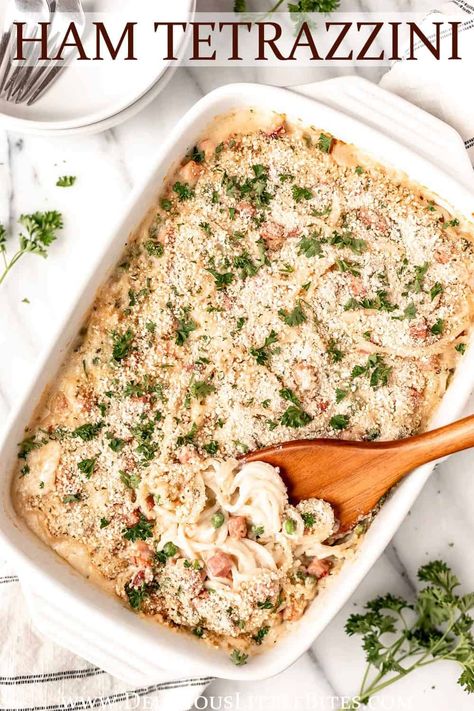 Ham Tetrazzini is a creamy casserole dish made with spaghetti, ham, and peas in a cheesy sauce. It's a delicious family-friendly meal and a great way to use up leftover holiday ham too! Ham Spaghetti, Ham Tetrazzini Recipe, Ham Tetrazzini, Ham And Peas, Creamy Casserole, Ham Pasta, Best Pork Recipe, Holiday Ham, Crowd Pleasing Recipes