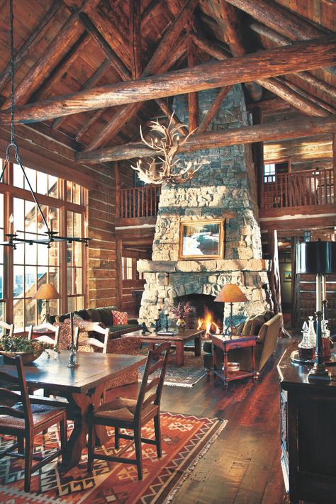 Happy Trails - Mountain Living #rustic #rustichome #rusticdecor #fireplace #cabin #cabindecor #cabingoals #cabindesign #fireplace #antlers Cabin Aesthetic, Rustic Home Interiors, Rustic Porch, Custom Fireplace, Cabin Interiors, Mountain Living, Cabin Living, Log Cabin Homes, Happy Trails