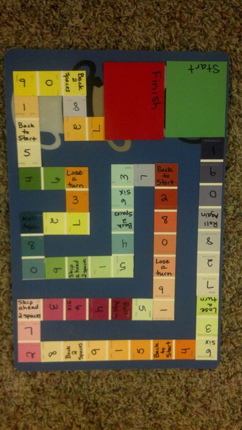 I made a generic math game board from paint samples and a plastic place mat. Laminated to make it durable. Math Game Board Project Ideas, Math Board Games Diy Project, Homemade Board Game Ideas, Diy Board Games, Homemade Board Games, Drinking Card Games, Math Board Games, Family Feud Game, Board Games Diy