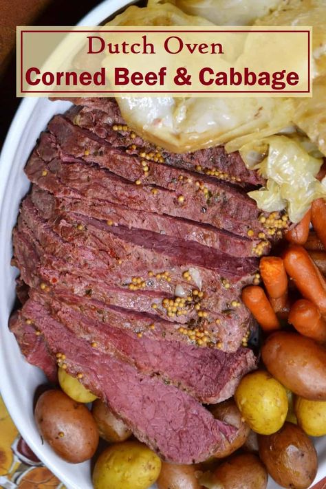 Dutch oven corn beef and cabbage is perfect for celebrating St. Patrick's Day or serving for Sunday dinner. Slow cooked Dutch oven corned beef is a classic family meal that's loaded with meat, potatoes and vegetables. Warm and comforting, this meal will make your house smell amazing and only takes about 10 minutes to prep. Cooking corned beef low and slow in a Dutch oven makes the meat fork-tender and the cabbage melts in your mouth. Click to get the Dutch oven corn beef and cabbage recipe. Oven Corn, Dutch Oven Corned Beef, Oven Corned Beef, Classic Family Meals, Baked Corned Beef, Dutch Oven Recipes Cast Iron, Cooking Corned Beef, Corn Beef, Cabbage And Potatoes