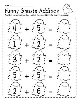 Halloween Ghosts Kindergarten Addition to 10 Math Number Worksheets Kindergarten Worksheets Halloween, Halloween Pre K Worksheets, Halloween Morning Work, Ghost Worksheets, How To Teach Addition To Kindergarten, Halloween Math Activities Preschool, Halloween Addition Worksheets, Halloween Math Activities Kindergarten, Pre K Worksheets Free Printables