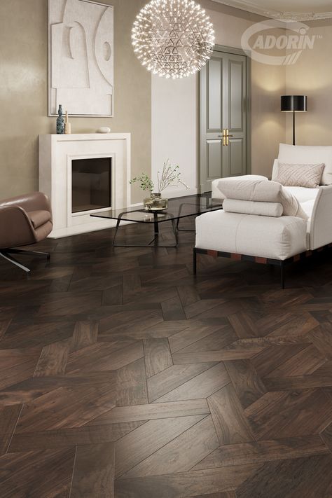 Module parquet in American Walnut Dark Brown Wooden Floor, Dark Walnut Floors, Walnut Parquet, Dark Oak Flooring, Travel Trailer Living, Parquet Design, Parquet Floor, Walnut Floors, Trailer Living