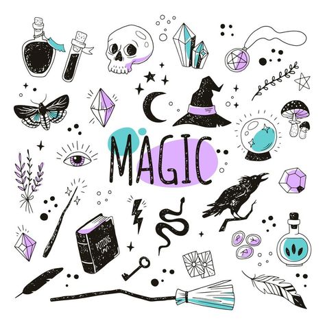 Cute Halloween Tattoos, Witchcraft Symbols, Magic Background, Pastel Goth Aesthetic, Witch Drawing, Kawaii Pastel Goth, Magic Hands, Creepy Tattoos, Halloween Tattoos