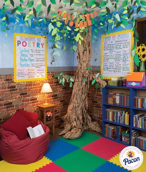 Poet-Tree Corner Classroom Decor. Great space for students to read, relax and learn!   Features: Fadeless® Reclaimed Brick, Fadeless® Wispy Clouds, Pacon® Natural Kraft Wrapping Paper, Tru-Ray® Construction Paper, Bordette® Borders, Pacon® Anchor Charts and Classroom Keepers®. Reading Corner Classroom, Ocean Classroom, Diy Classroom Decorations, Classroom Decor Themes, Reading Area, Homeschool Classroom, Diy Classroom, New Classroom, Classroom Library