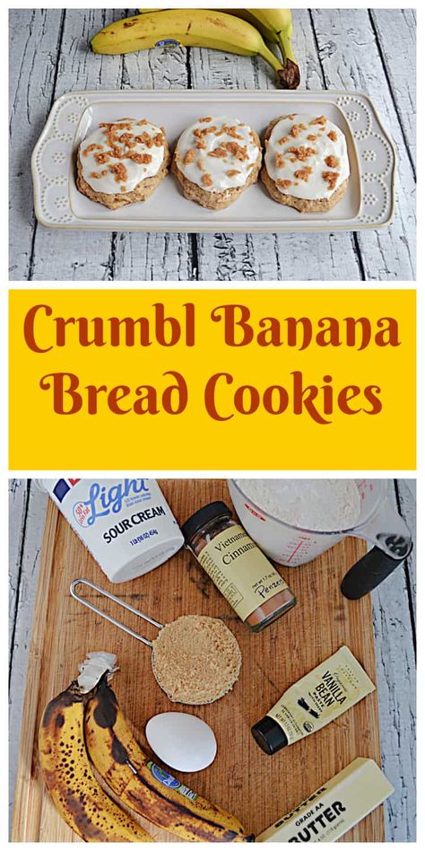 It's easy to make a batch of these delicious Crumbl Banana Bread Cookies. #cookies #banana #dessert | Dessert Recipes | Cookie Recipes | Banana Recipes Cookie Recipes Banana, Candies Recipes, Cookies Banana, Banana Crumble, Banana Cookie Recipe, Recipes Banana, Banana Bread Cookies, Banana Dessert Recipes, Bread Cookies