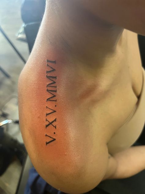 Shoulder Tattoos For Women Roman Numeral, Shoulder Tattoo Roman Numerals, Shoulder Roman Numeral Tattoo, Roman Numeral Shoulder Tattoo, 13 In Roman Numerals Tattoo, Name Tattoos On Shoulder, Roman Numeral Tattoo On Shoulder, Shoulder Tattoo Aesthetic, Red Roman Numeral Tattoo