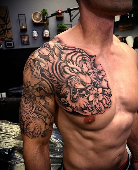 Japanese Tiger Back Tattoo Men, Lion And Tiger Chest Tattoo, Dragon Chest Tattoo Men Japanese Sleeve, Tiger Tattoo Design Men Chest, Tiger Tattoo Chest For Men, Japanese Style Chest Tattoo, Chest And Sleeve Tattoo Men, Hindu Chest Tattoo Men, Double Arm Tattoo