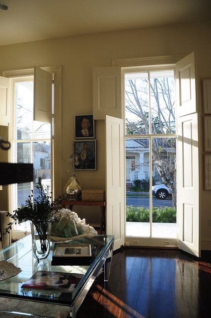 New Orleans Shotgun House, Shotgun House Interior, Shutter Windows, Southern Houses, New Orleans Decor, Shutters Interior, Wooden Window Shutters, Cabin Windows, Indoor Shutters