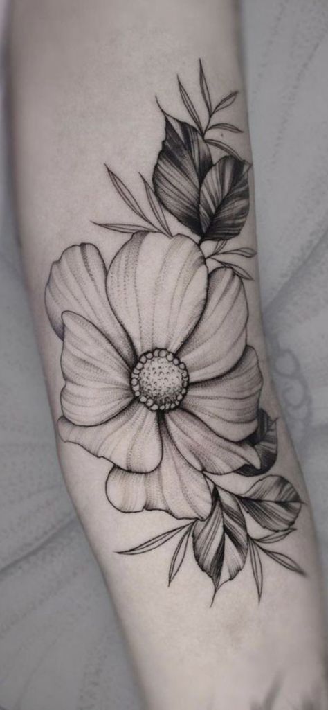 Cosmo Floral Tattoo, Cosmo Flower Tattoo Black And White, Chocolate Cosmos Tattoo, Chocolate Cosmos Flower Tattoo, Cosmo Birth Flower Tattoo, Anenome Flower Tattoos, Realistic Flower Tattoo Black And White, Primrose Tattoo Design, Cosmos Flower Tattoos