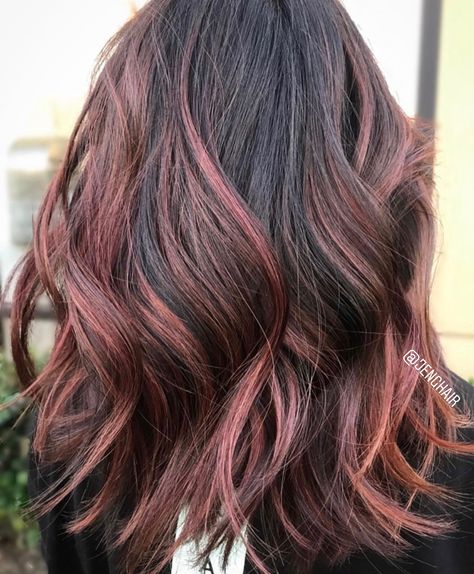 Rose Gold And Caramel Highlights, Rose Gold In Brown Hair, Rose Brown Hair Highlights, Rose Gold Highlights On Black Hair, Rose Gold Streaks In Black Hair, Rose Gold Dark Hair, Rose Gold Highlights On Dark Hair, Brunette To Rose Gold Hair, Rose Brown Highlights Brunette