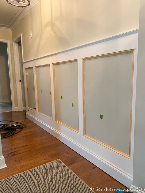 Board And Batten With Decorative Trim, Trim For Board And Batten, Board And Batten Wall With Trim, Upstairs Hallway Board And Batten, Bathroom Hallway Ideas, Board And Batten Molding, Board And Batten Partial Wall, Board And Batten Entry Hallway, Box Wainscoting Wall