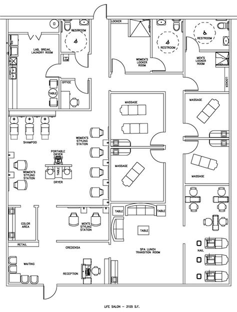 Salon & Spa Floor Plan Design Layout - 3105 Square Feet - It's so perfect! Spa Floor Plan, Floor Plan Design Layout, Spa Layout, Massage Decor, Spa Hammam, Small Salon, Nail Salon Interior Design, Office Floor Plan, Dreams Spa