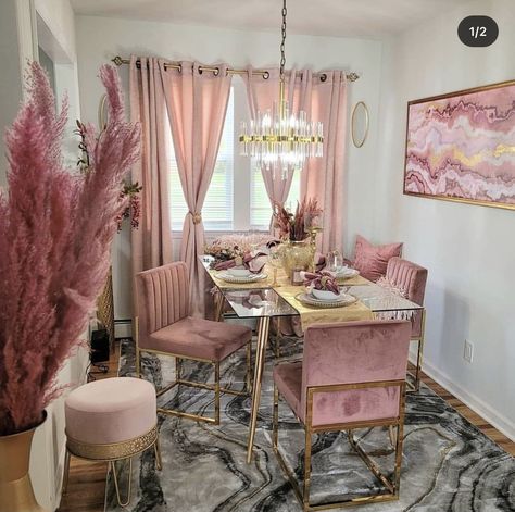 Dining Room Decor For Apartment, Y2k Dining Room, Dinning Room Curtain Ideas, Barbiecore Bedroom, Pink Dining Room Table, Glam Dining Room Decor, Women Cave Ideas, Girly Living Room Ideas, Apartment Dining Room Decor