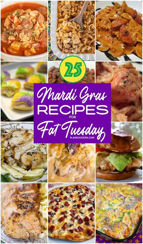 Mardi Gras Recipes for Fat Tuesday - 25 easy recipes for your Mardi Gras celebrations.Cajun pasta, dirty rice, red beans and rice, Po Boys and KING CAKE! All you need is a Hurricane and you are set to let the good times roll! #recipes #mardigras Fat Tuesday Dinner Ideas, Mardi Gras Meals, Mardi Gras Menu Ideas Dinners, Mardi Gras Food Appetizers, Mardi Gras Food Ideas, Mardi Gras Pasta, Mardi Gras Recipes Easy, Mardi Gras Appetizers, Fat Tuesday Food