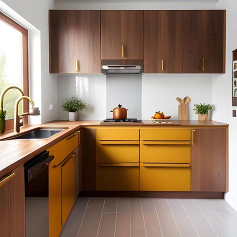 Dream Kitchen Scandinavian 1960s minimalist kitchen interior ochre wood cosy but clean Ochre Kitchen, Kitchen Kerala, Minimalist Kitchen Interior, Mustard Yellow Kitchens, 1960s Interior, Kitchen Scandinavian, Dark Wood Kitchens, Kitchen Colour Schemes, U Shaped Kitchen