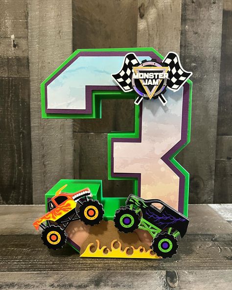 Monster Truck Party! Cake Topper 3d letter and Number #susweetcraft #monstertruckparty #monstertruckcake #monsterjamparty #monstertruckdecorations #caketopper #3dletter #partydecor #partyideas #partykids #photoprops #cumpleañosinfantiles #celebracionesespeciales #fiestasinfantiles Monster Trucks 3rd Birthday Party, Monster Truck Centerpieces Ideas Diy, Monster Truck Ideas, Monster Jam Party Decorations Diy, Monster Truck Photo Prop, Monster Jam 2nd Birthday Party Ideas, Monster Jam Pinata, Hot Wheels Monster Truck Party, Monster Truck Birthday Party Decorations