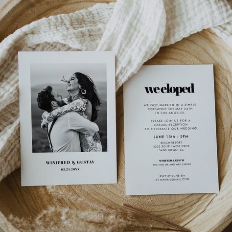 Minimalist yet striking: adopt this slightly retro elegant typographic design for your wedding stationery. Fully customizable text, colors and backgrounds. Lowkey Wedding, Minimal Reception, Eloped Wedding, Charleston Elopement, Elegant Elopement, Married Af, We Eloped, Elopement Party, Elopement Invitation