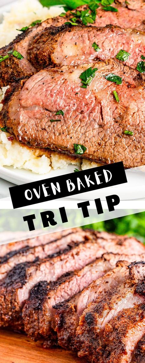 This OVEN BAKED TRI TIP ROAST RECIPE is perfect for rainy days or if you don't have a grill. Tri tip doesn't have to be barbecued - cook it perfectly right in your oven. Baked Tritip Recipes, Bake Tri Tip Oven, Cast Iron Tri Tip, Easy Tri Tip Recipes, How To Cook A Tri Tip Roast, Oven Baked Tri Tip Roast, Oven Tri Tip How To Cook, Roast Tri Tip In Oven, Beef Tri Tip Recipes Ovens