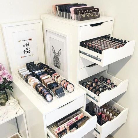 Genius Ikea Hacks For Organizing Your Makeup #makeup Makeup Organization Ikea, Makeup Room Diy, Organized Makeup, Diy Makeup Organizer, Organization Vanity, Makeup Collection Storage, Rangement Makeup, Ikea Alex Drawers, Make Up Studio