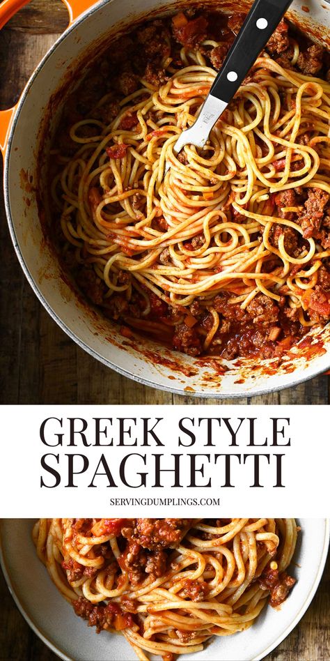 Greek Style Spaghetti, Greek Pasta Recipes, Greek Spaghetti Recipe, Mediterranean Spaghetti, Serving Dumplings, Greek Spaghetti, Greek Recipes Authentic, Cultural Food, Greek Cooking