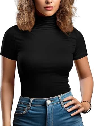 Long Sleeve Turtleneck Women Stretch/Short Sleeve Tops Fitted Tee Shirt Casual Dinner Party Outfit, Siren Outfits, Gorgeous Office, Turtleneck Women, High Neck Tops, Dinner Party Outfits, Casual Turtleneck, Fitted Shirts, Striped Vests