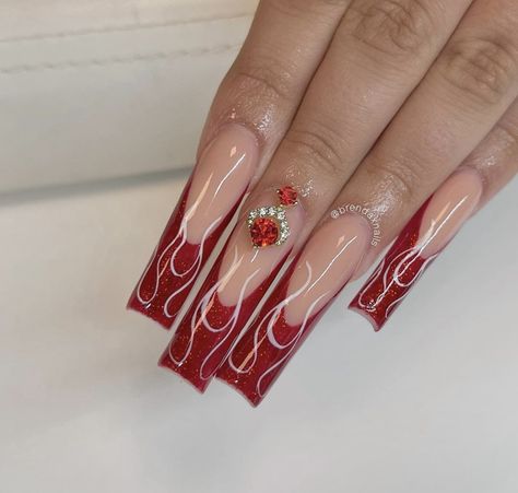 Red Flames Nails, Red Flame Nails, Red And Silver Nail Designs, Red And Silver Nails, Flame Nails, Silver Nail Designs, Fire Design, Elegant Nail, Acrylic Nail Set