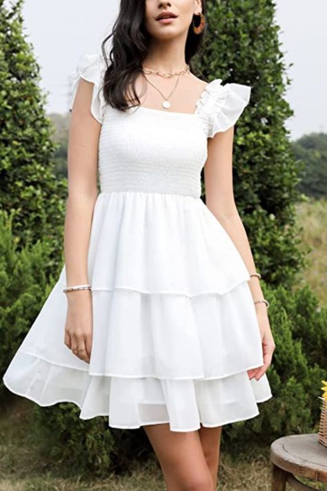 White Square Neck Tiered Smocked Short Dress. Summer Casual dress for women. Ruffle Smocked Dress. Casual outfits for women. Smocked dress. White dress for women. Ruffle sleeve dress. Revealing Outfit Casual Dress, Short Mini Dresses, High Waist Dress, Square Neck Dress, Summer White, Smocked Dress, White Dresses, Short Mini Dress, Dress Mini