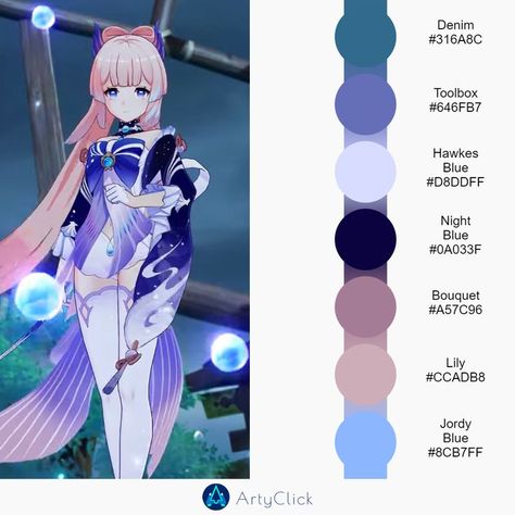 Furina Genshin Color Palette, Kokomi Palette, Kokomi Color Pallette, Raiden Shogun Color Palette, Wanderer Color Palette Genshin, Anime Character Color Palette, Kokomi Reference Sheet, Kokomi Hairstyle, Genshin Color Palette